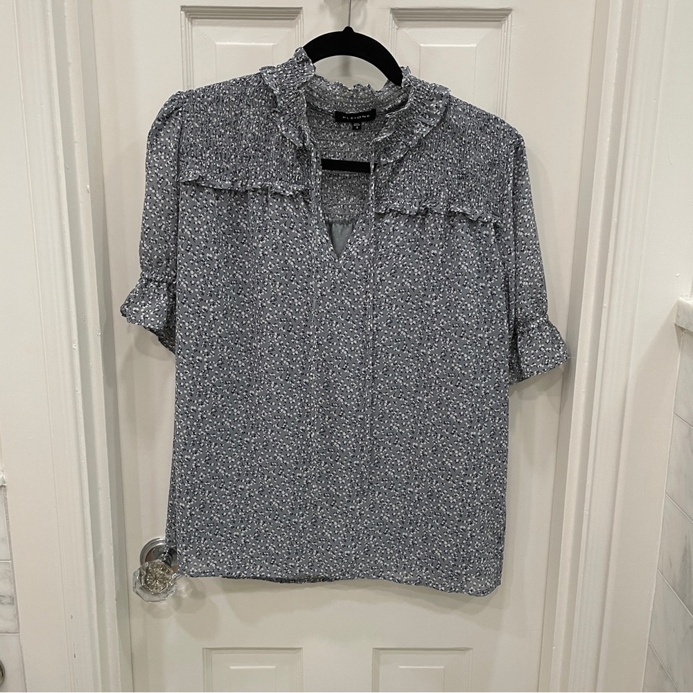 Pleione Blue Floral Blouse with Ruffle Details